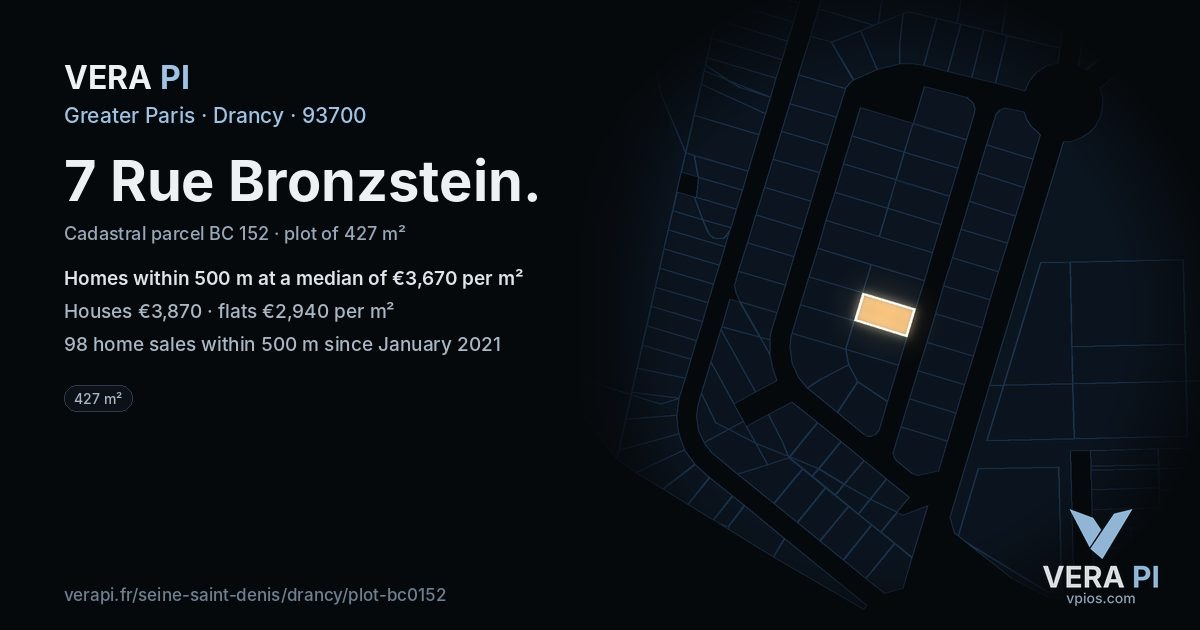 7 Rue Bronzstein, Drancy at night – the plot lit, the parcels around coloured by the prices near them