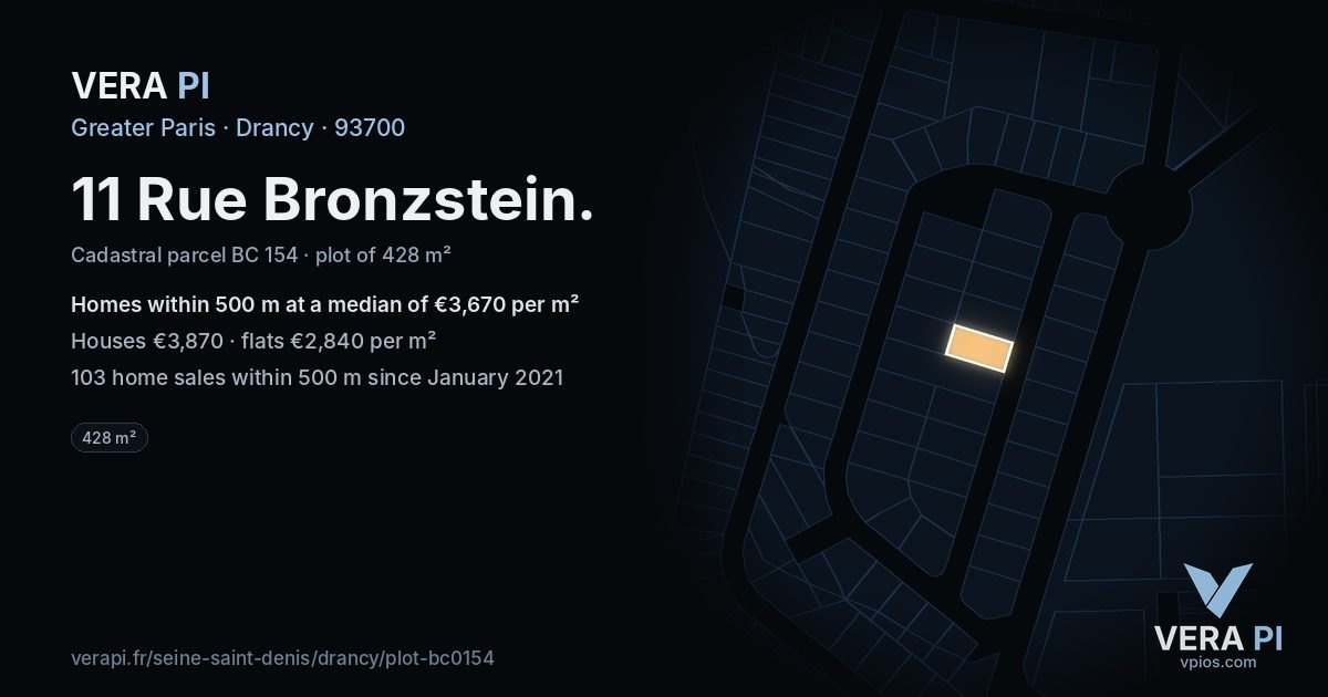 11 Rue Bronzstein, Drancy at night – the plot lit, the parcels around coloured by the prices near them