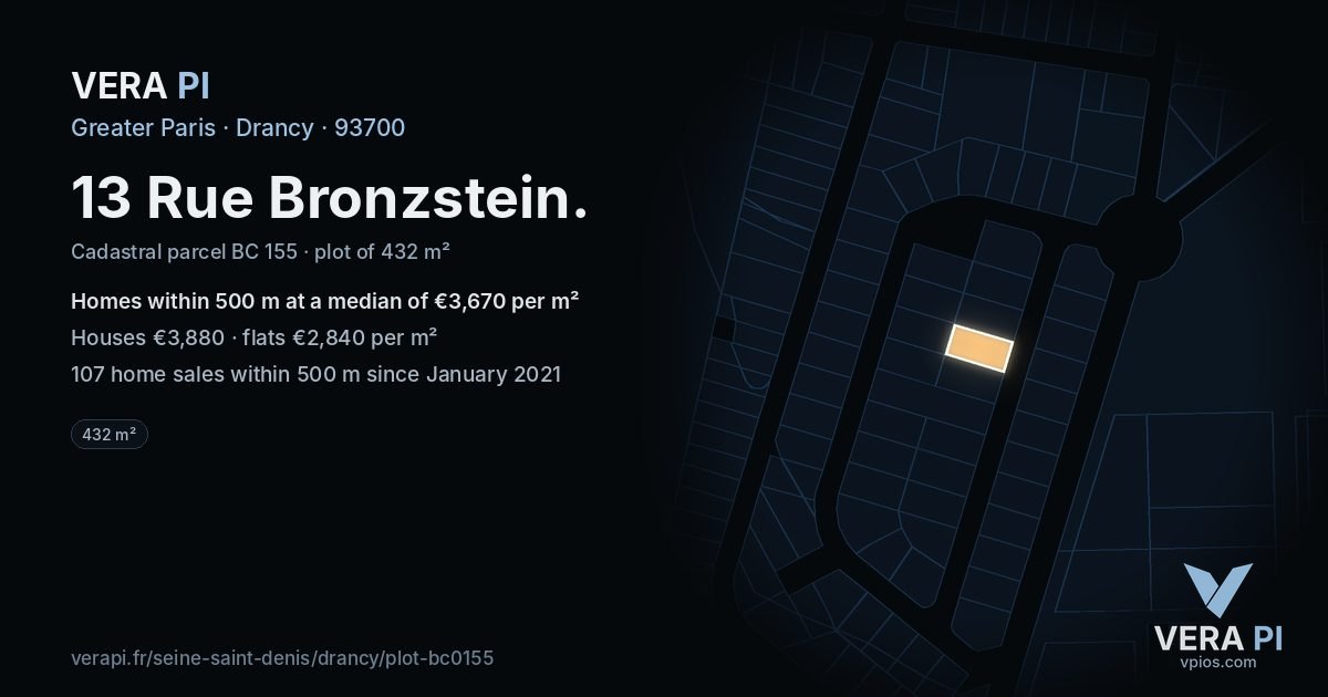 13 Rue Bronzstein, Drancy at night – the plot lit, the parcels around coloured by the prices near them