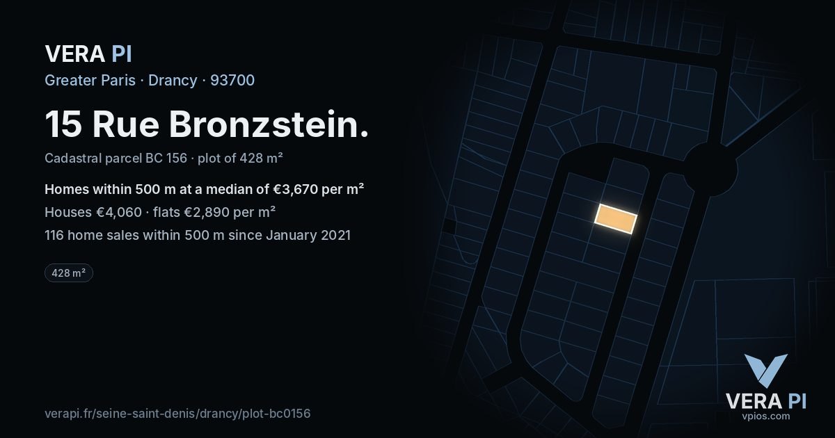15 Rue Bronzstein, Drancy at night – the plot lit, the parcels around coloured by the prices near them