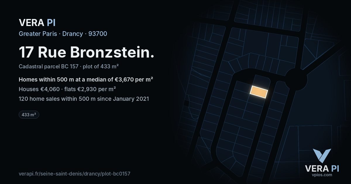 17 Rue Bronzstein, Drancy at night – the plot lit, the parcels around coloured by the prices near them