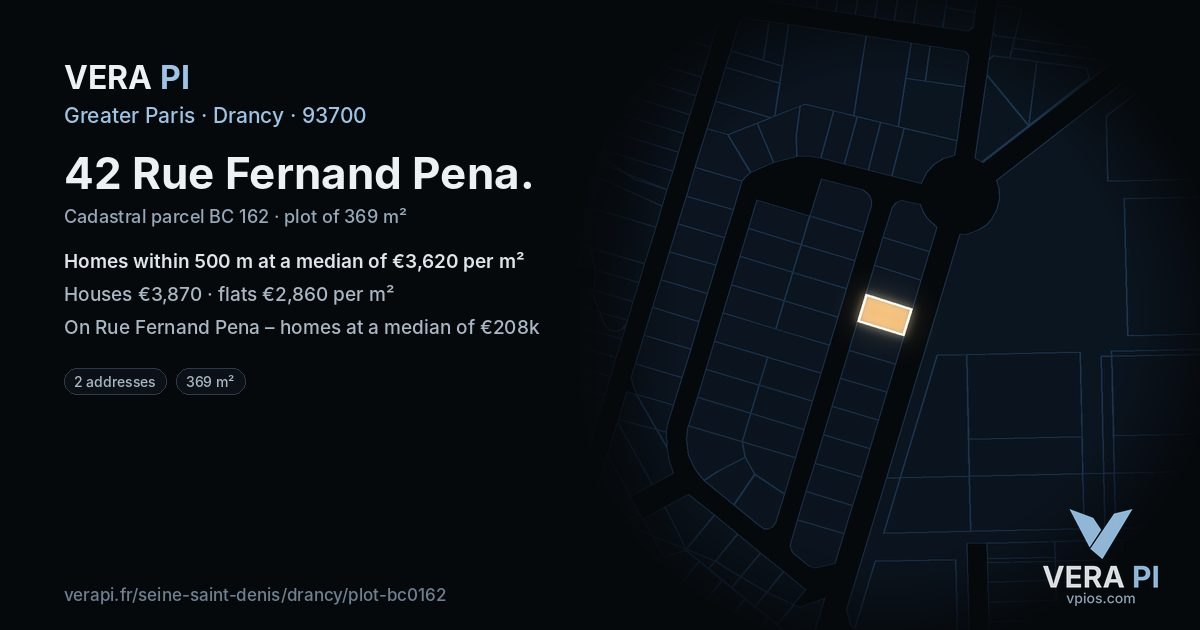 42 Rue Fernand Pena, Drancy at night – the plot lit, the parcels around coloured by the prices near them
