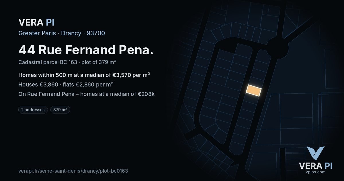 44 Rue Fernand Pena, Drancy at night – the plot lit, the parcels around coloured by the prices near them