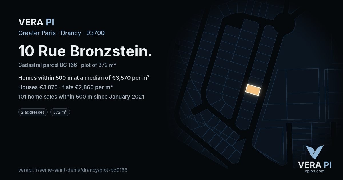 10 Rue Bronzstein, Drancy at night – the plot lit, the parcels around coloured by the prices near them