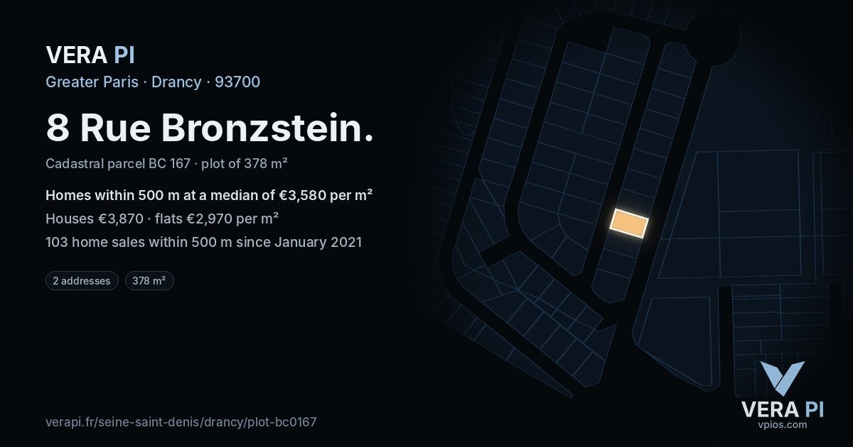 8 Rue Bronzstein, Drancy at night – the plot lit, the parcels around coloured by the prices near them