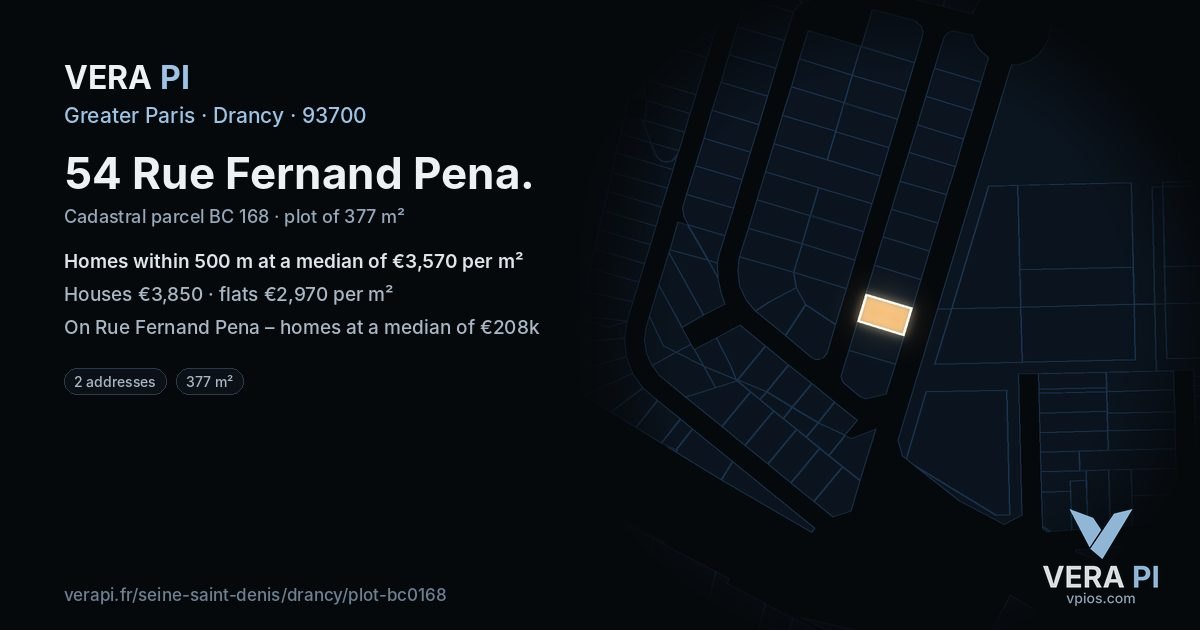 54 Rue Fernand Pena, Drancy at night – the plot lit, the parcels around coloured by the prices near them