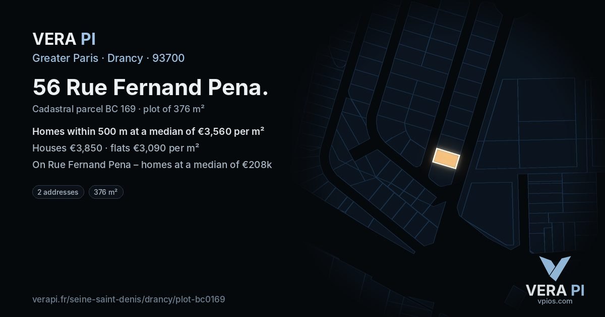 56 Rue Fernand Pena, Drancy at night – the plot lit, the parcels around coloured by the prices near them