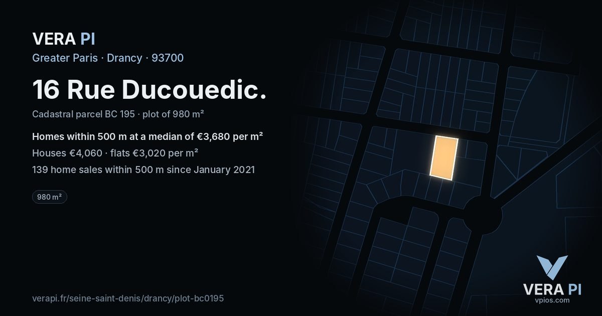 16 Rue Ducouedic, Drancy at night – the plot lit, the parcels around coloured by the prices near them