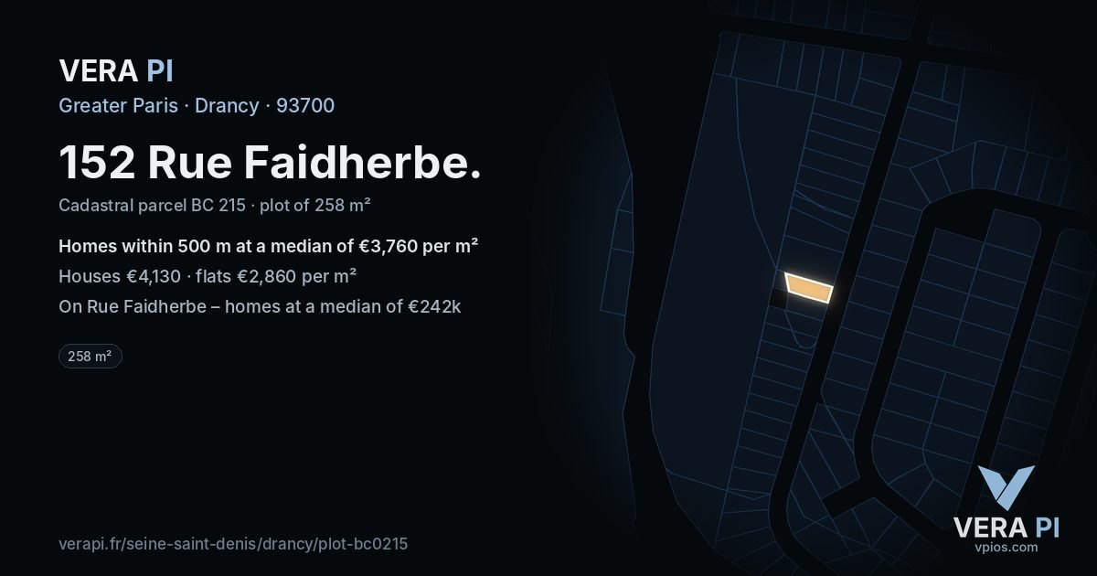 152 Rue Faidherbe, Drancy at night – the plot lit, the parcels around coloured by the prices near them