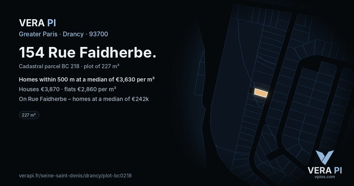 154 Rue Faidherbe, Drancy at night – the plot lit, the parcels around coloured by the prices near them