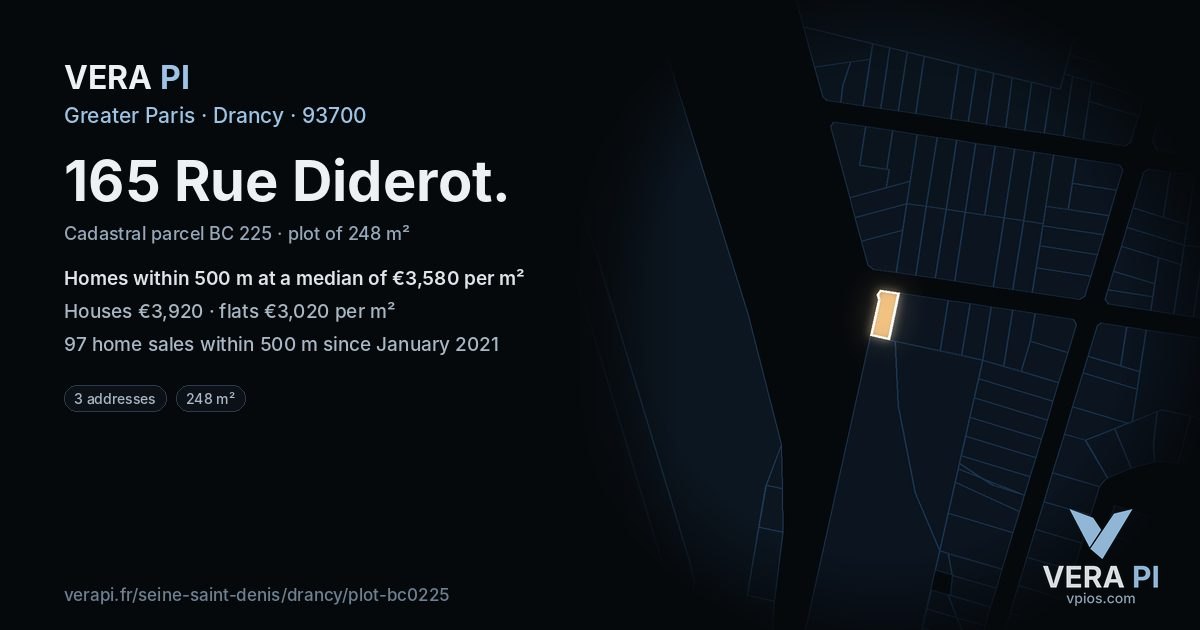 165 Rue Diderot, Drancy at night – the plot lit, the parcels around coloured by the prices near them