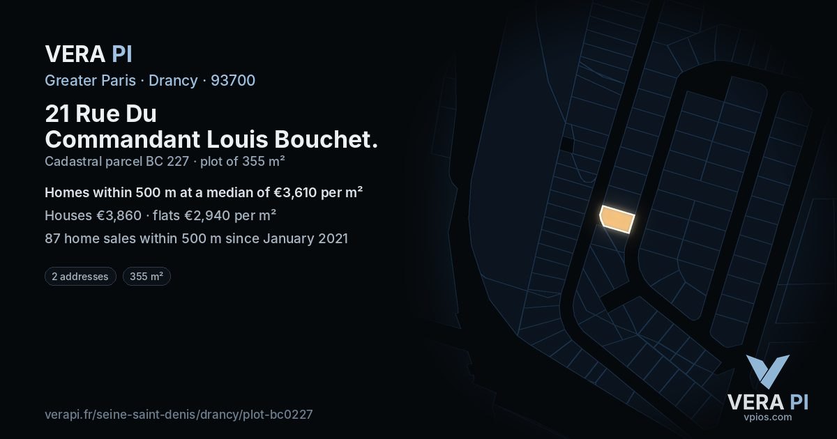21 Rue Du Commandant Louis Bouchet, Drancy at night – the plot lit, the parcels around coloured by the prices near them
