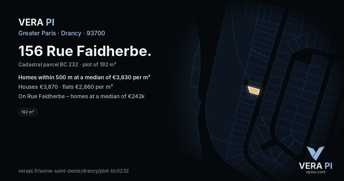 156 Rue Faidherbe, Drancy at night – the plot lit, the parcels around coloured by the prices near them