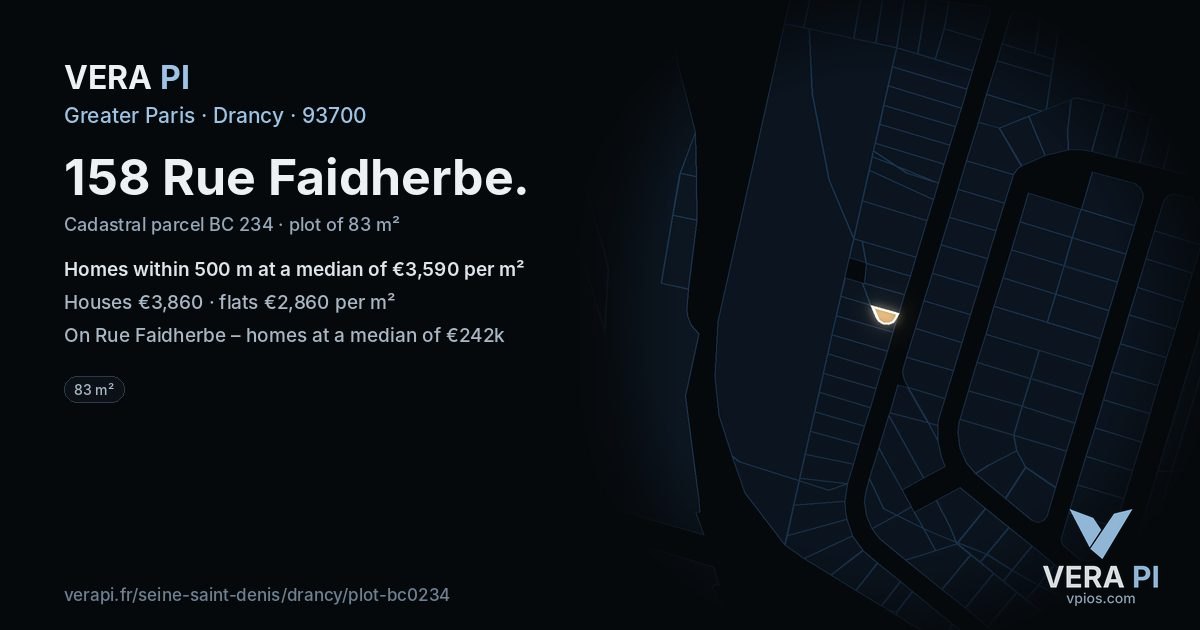 158 Rue Faidherbe, Drancy at night – the plot lit, the parcels around coloured by the prices near them