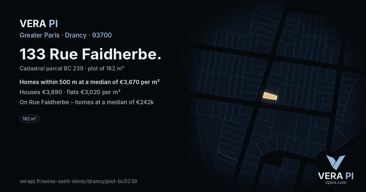 133 Rue Faidherbe, Drancy at night – the plot lit, the parcels around coloured by the prices near them