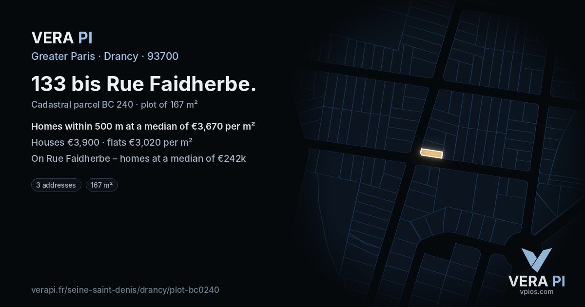 133 bis Rue Faidherbe, Drancy at night – the plot lit, the parcels around coloured by the prices near them