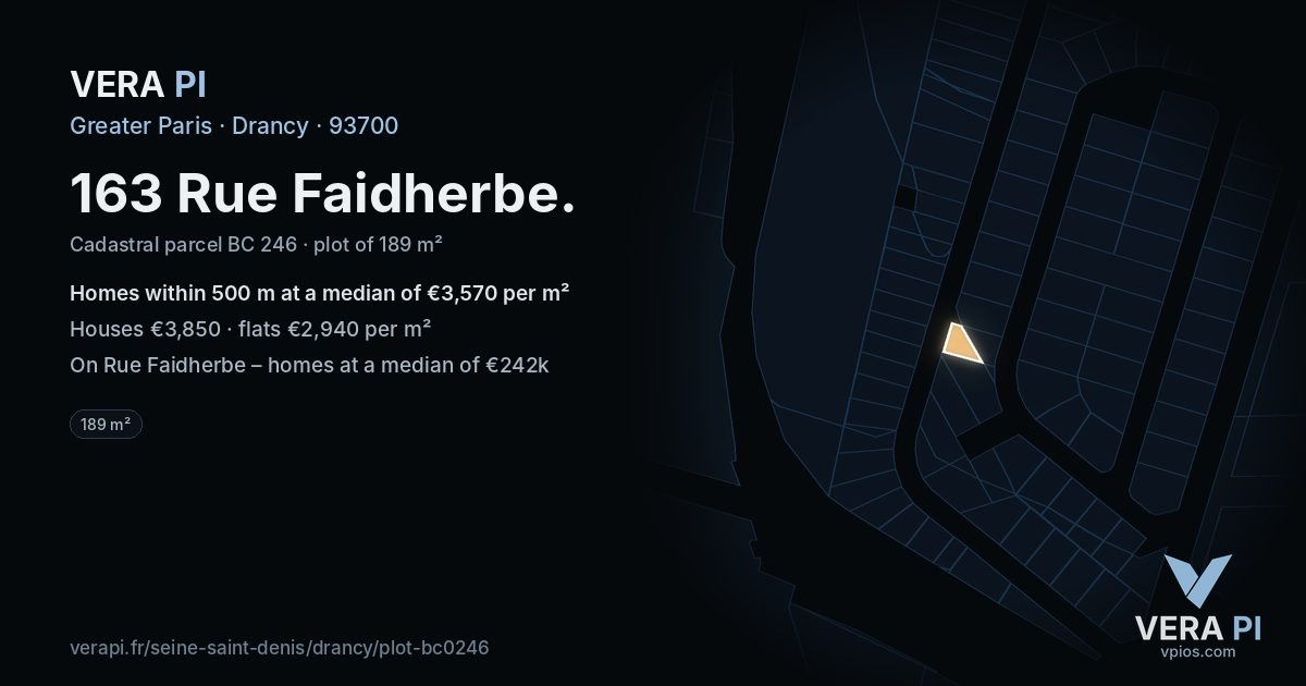 163 Rue Faidherbe, Drancy at night – the plot lit, the parcels around coloured by the prices near them