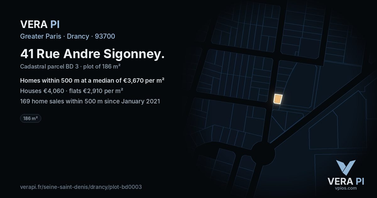 41 Rue Andre Sigonney, Drancy at night – the plot lit, the parcels around coloured by the prices near them