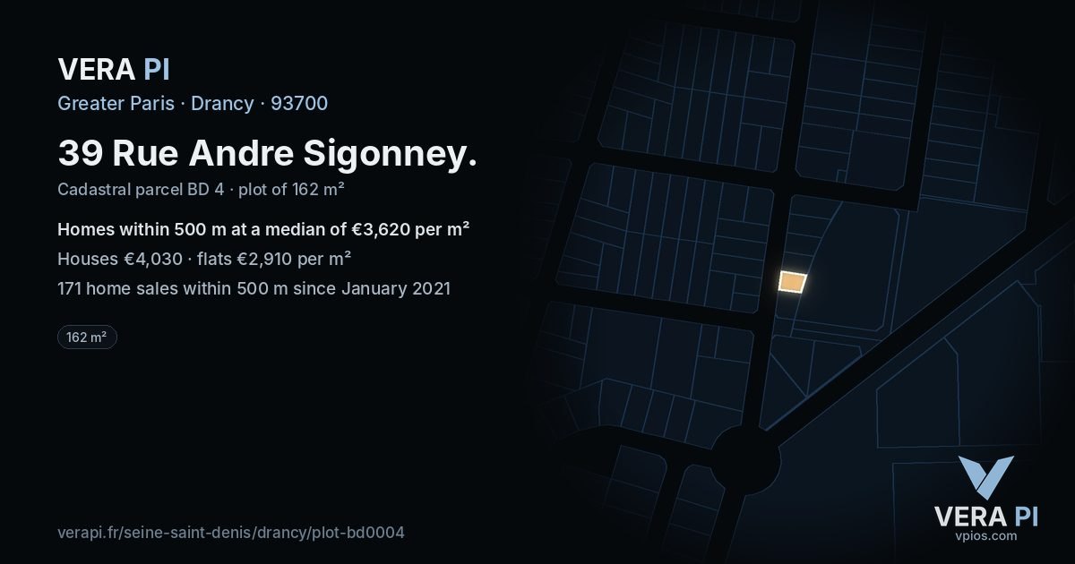 39 Rue Andre Sigonney, Drancy at night – the plot lit, the parcels around coloured by the prices near them
