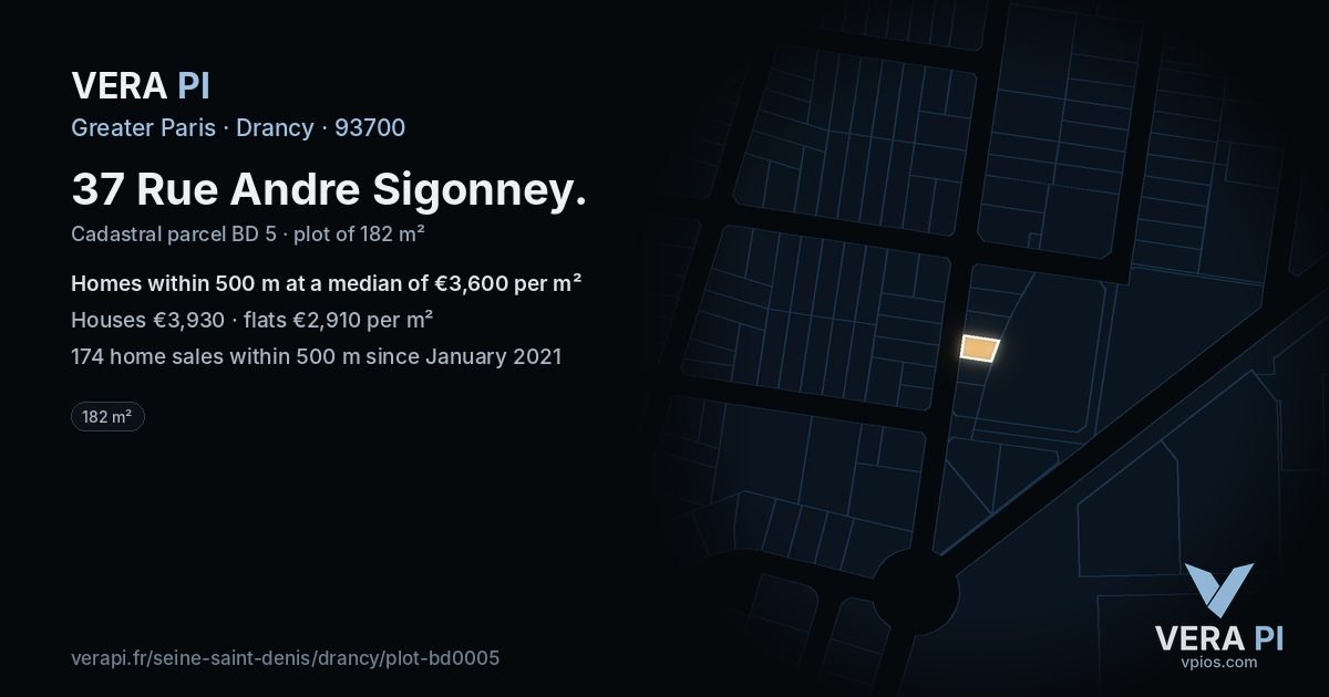37 Rue Andre Sigonney, Drancy at night – the plot lit, the parcels around coloured by the prices near them