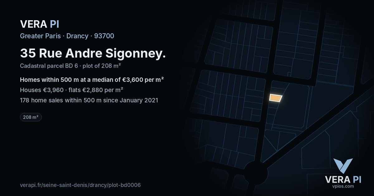 35 Rue Andre Sigonney, Drancy at night – the plot lit, the parcels around coloured by the prices near them