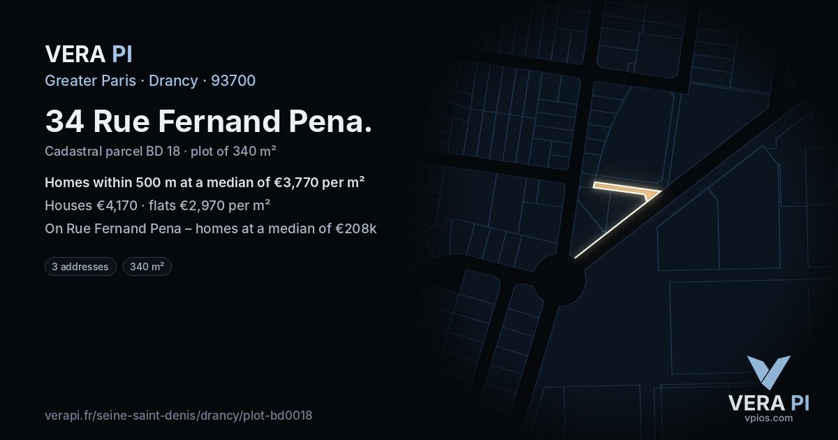 34 Rue Fernand Pena, Drancy at night – the plot lit, the parcels around coloured by the prices near them