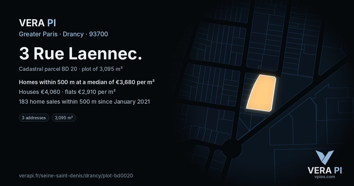 3 Rue Laennec, Drancy at night – the plot lit, the parcels around coloured by the prices near them