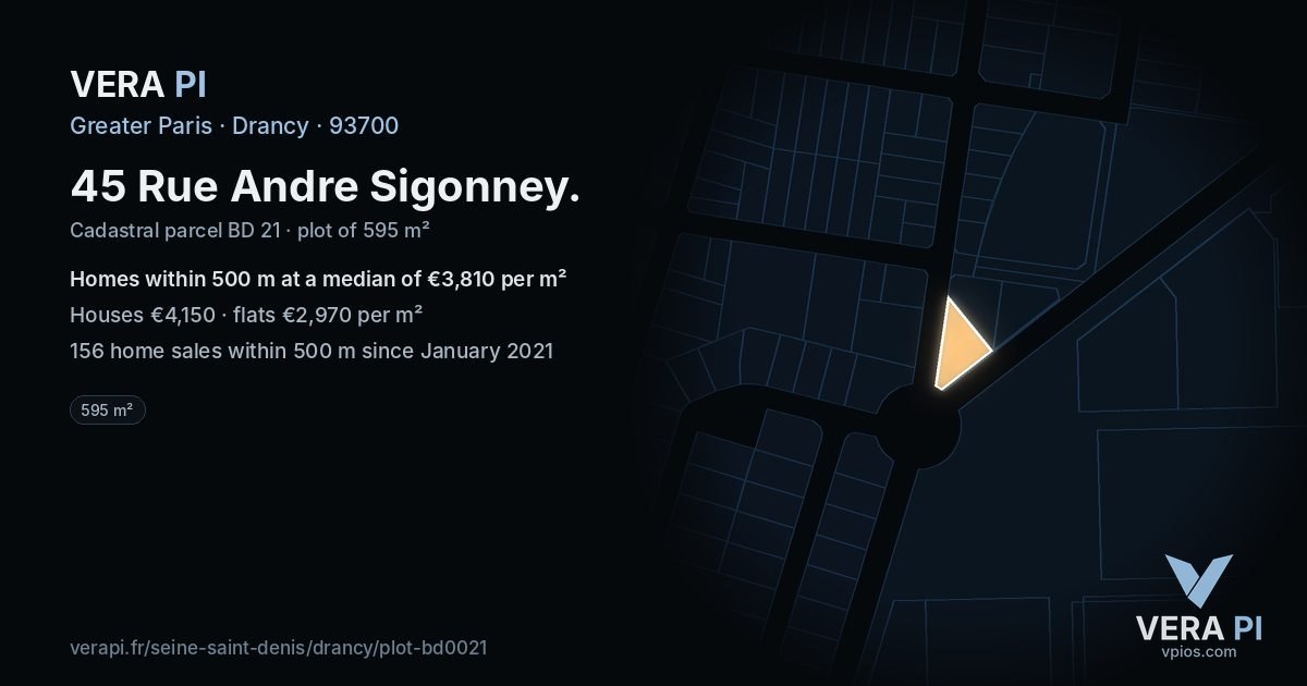45 Rue Andre Sigonney, Drancy at night – the plot lit, the parcels around coloured by the prices near them