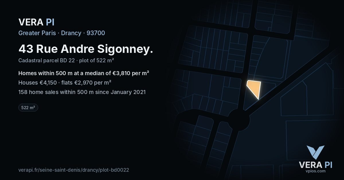 43 Rue Andre Sigonney, Drancy at night – the plot lit, the parcels around coloured by the prices near them