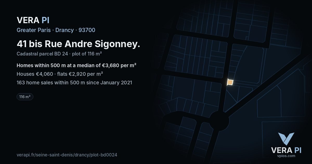 41 bis Rue Andre Sigonney, Drancy at night – the plot lit, the parcels around coloured by the prices near them