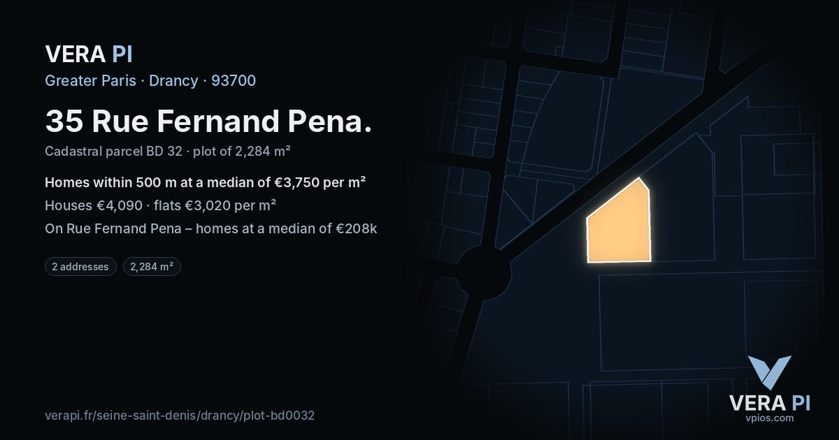 35 Rue Fernand Pena, Drancy at night – the plot lit, the parcels around coloured by the prices near them