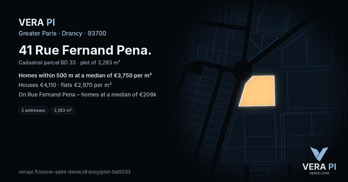 41 Rue Fernand Pena, Drancy at night – the plot lit, the parcels around coloured by the prices near them
