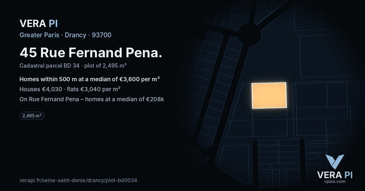 45 Rue Fernand Pena, Drancy at night – the plot lit, the parcels around coloured by the prices near them