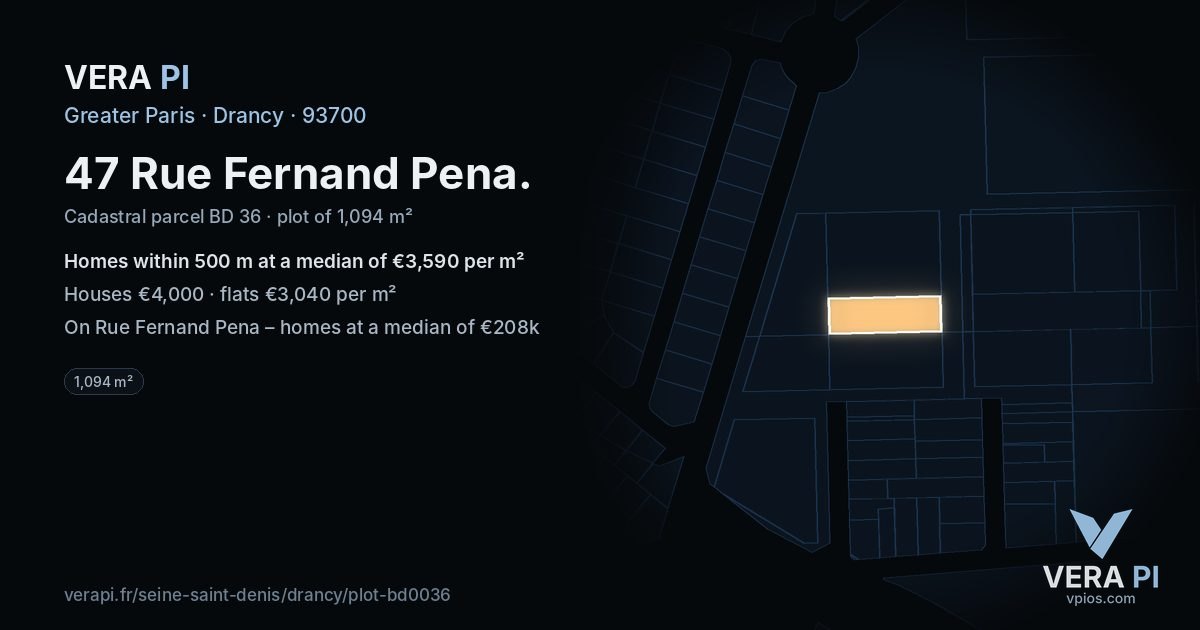47 Rue Fernand Pena, Drancy at night – the plot lit, the parcels around coloured by the prices near them