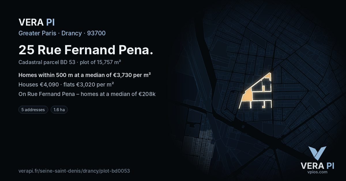 25 Rue Fernand Pena, Drancy at night – the plot lit, the parcels around coloured by the prices near them