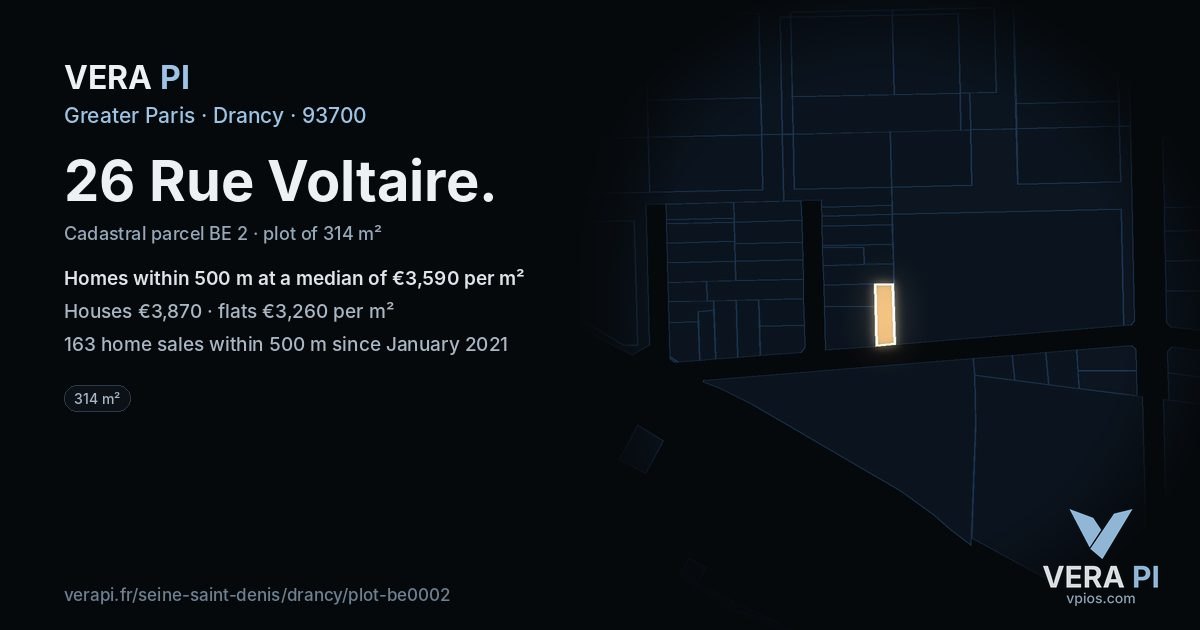 26 Rue Voltaire, Drancy at night – the plot lit, the parcels around coloured by the prices near them