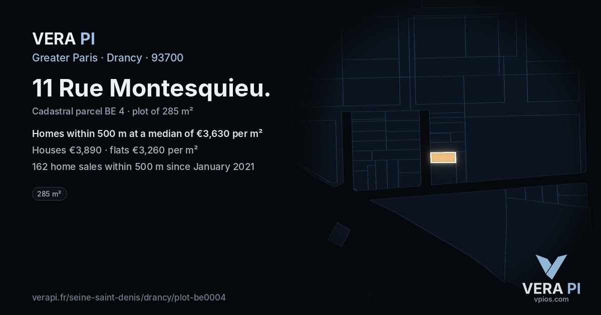 11 Rue Montesquieu, Drancy at night – the plot lit, the parcels around coloured by the prices near them
