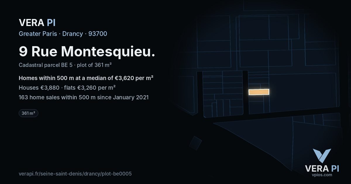 9 Rue Montesquieu, Drancy at night – the plot lit, the parcels around coloured by the prices near them