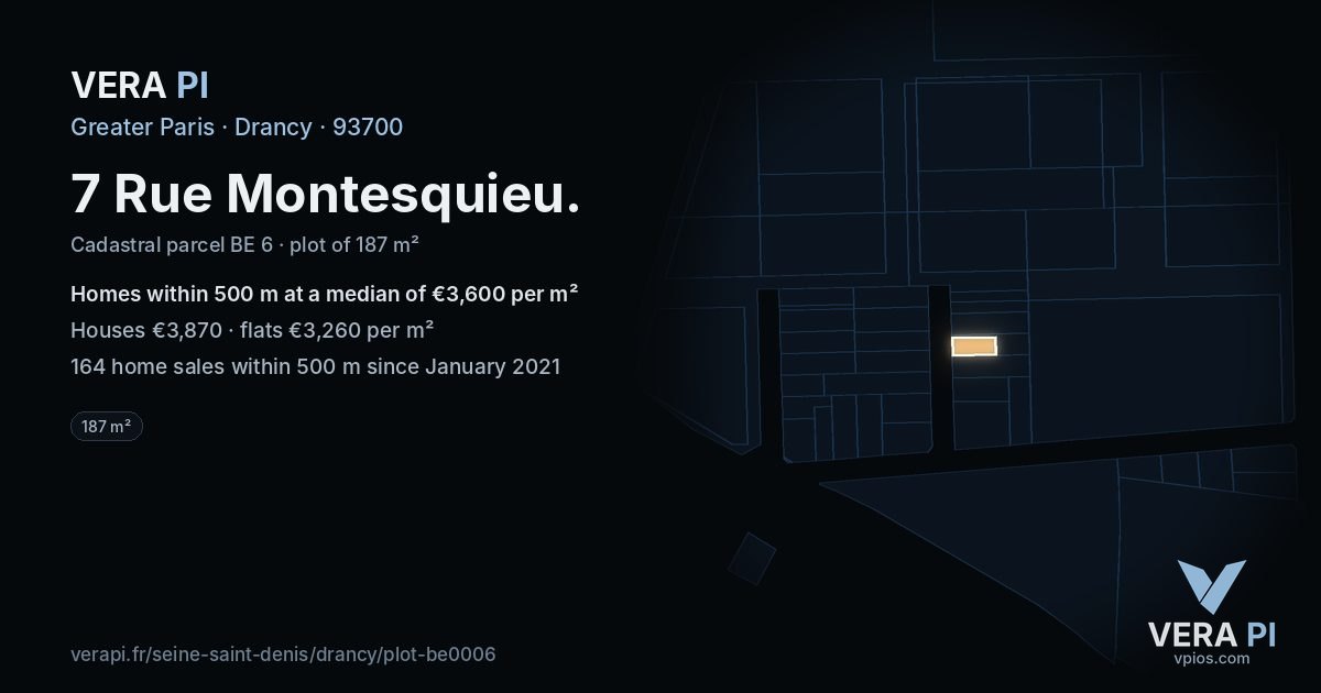 7 Rue Montesquieu, Drancy at night – the plot lit, the parcels around coloured by the prices near them