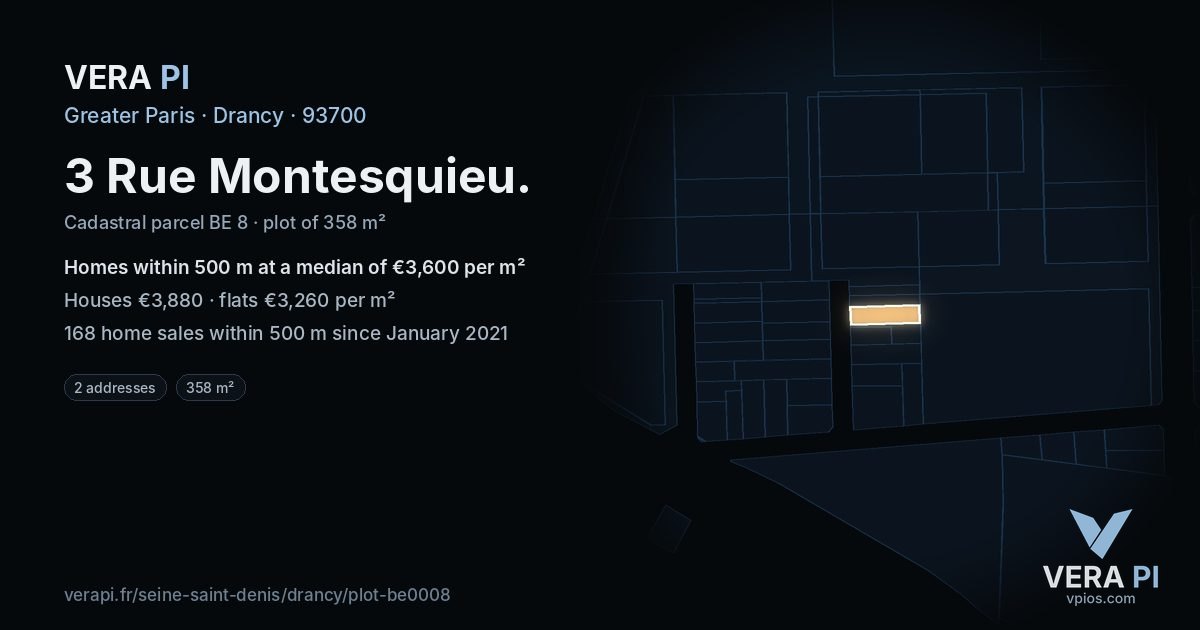 3 Rue Montesquieu, Drancy at night – the plot lit, the parcels around coloured by the prices near them