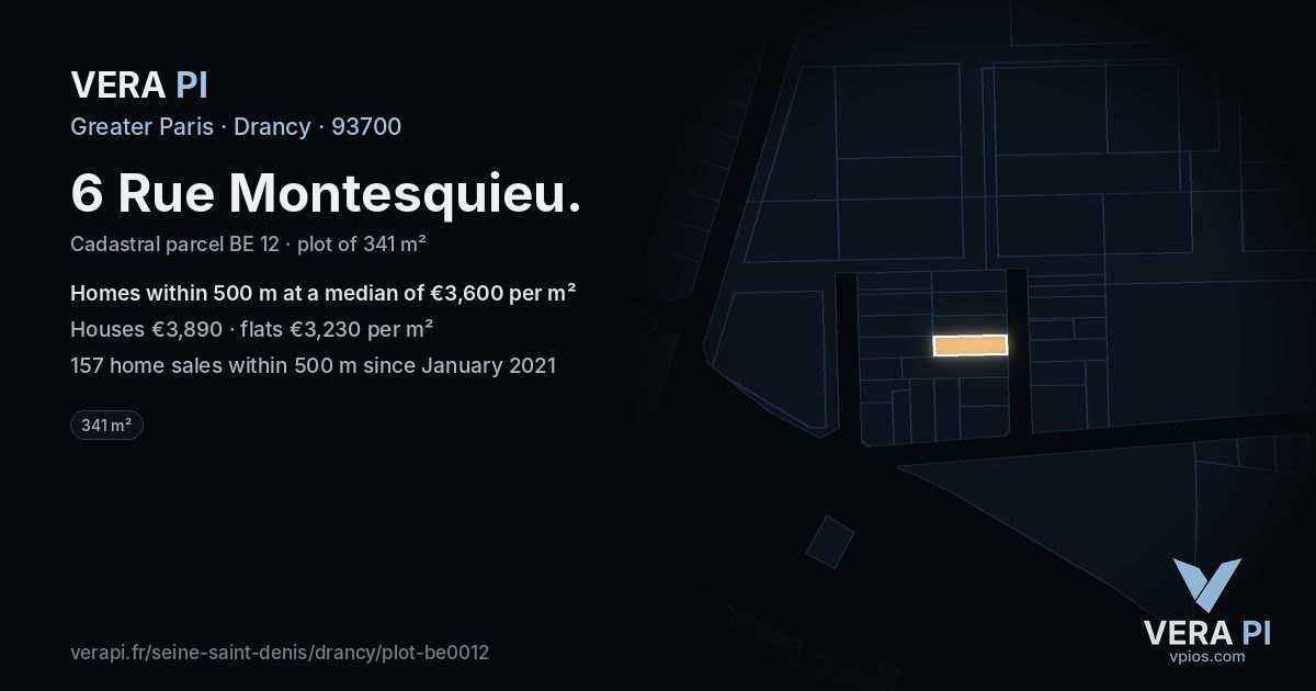 6 Rue Montesquieu, Drancy at night – the plot lit, the parcels around coloured by the prices near them