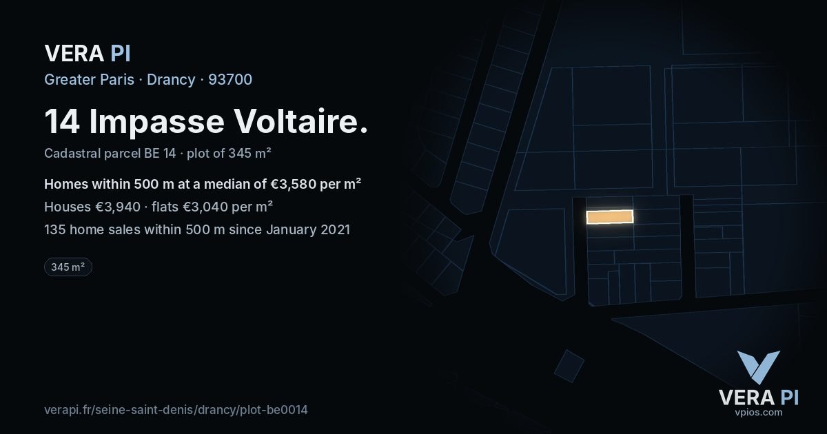 14 Impasse Voltaire, Drancy at night – the plot lit, the parcels around coloured by the prices near them