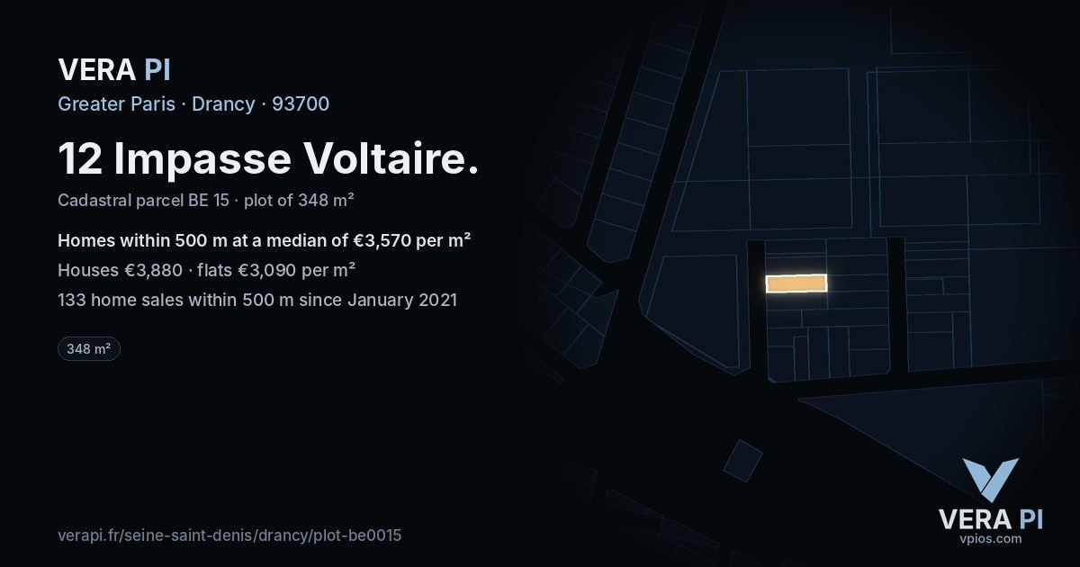 12 Impasse Voltaire, Drancy at night – the plot lit, the parcels around coloured by the prices near them
