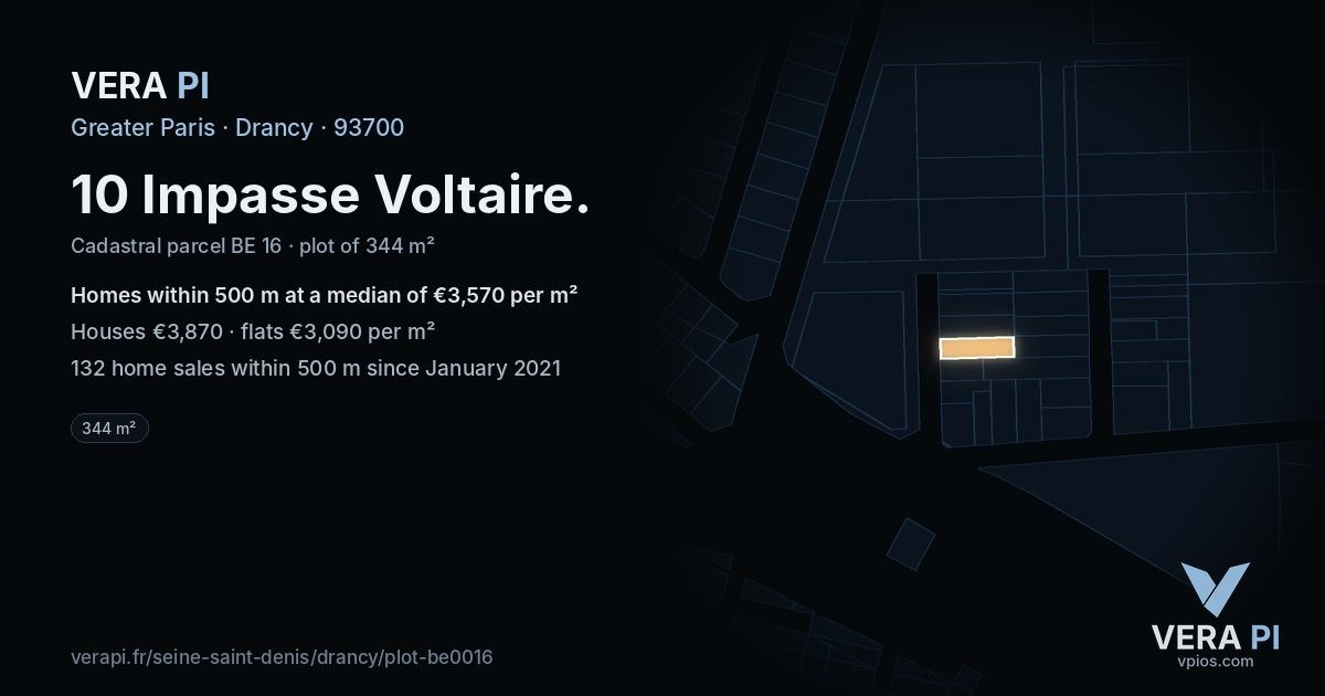 10 Impasse Voltaire, Drancy at night – the plot lit, the parcels around coloured by the prices near them