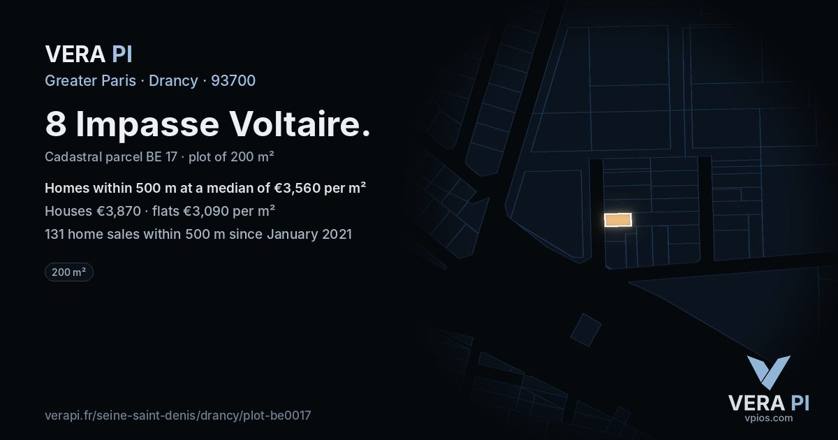 8 Impasse Voltaire, Drancy at night – the plot lit, the parcels around coloured by the prices near them
