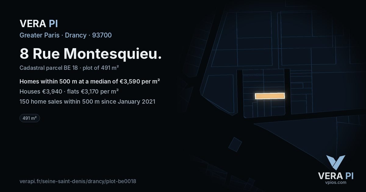 8 Rue Montesquieu, Drancy at night – the plot lit, the parcels around coloured by the prices near them