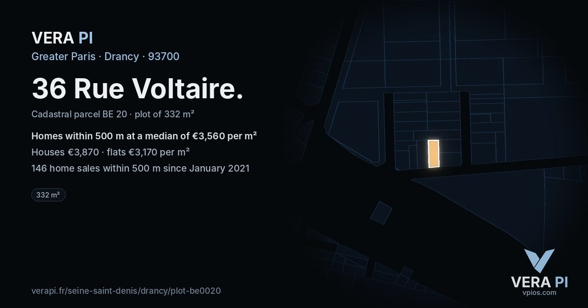 36 Rue Voltaire, Drancy at night – the plot lit, the parcels around coloured by the prices near them
