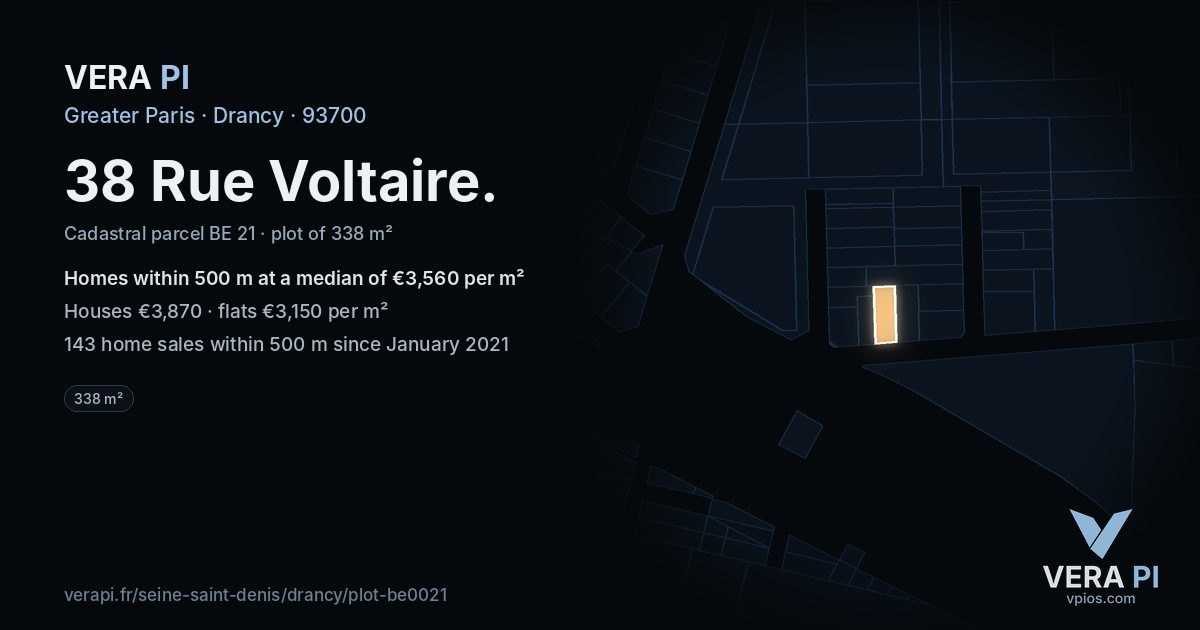 38 Rue Voltaire, Drancy at night – the plot lit, the parcels around coloured by the prices near them