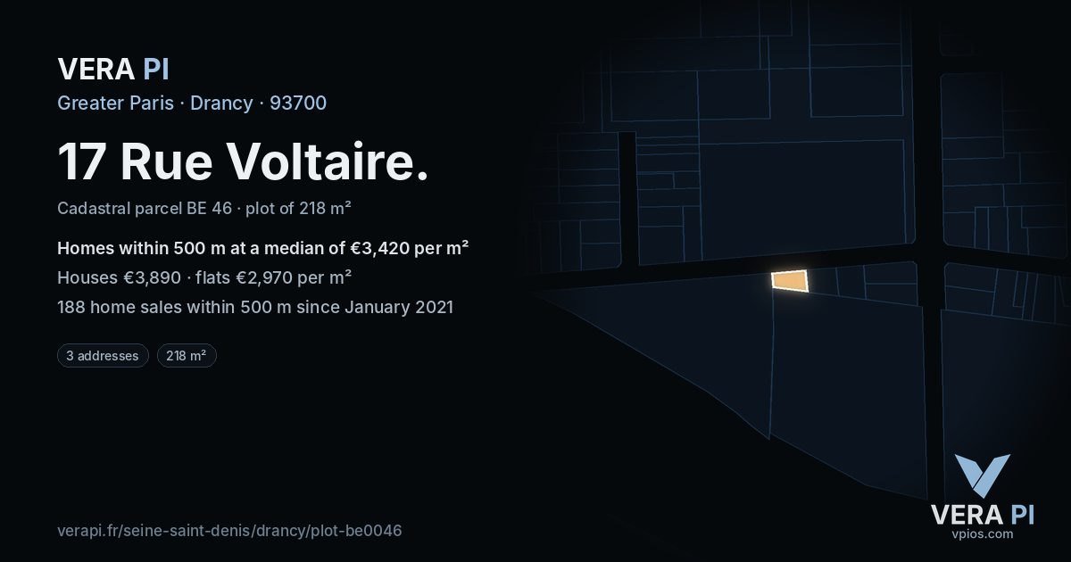 17 Rue Voltaire, Drancy at night – the plot lit, the parcels around coloured by the prices near them