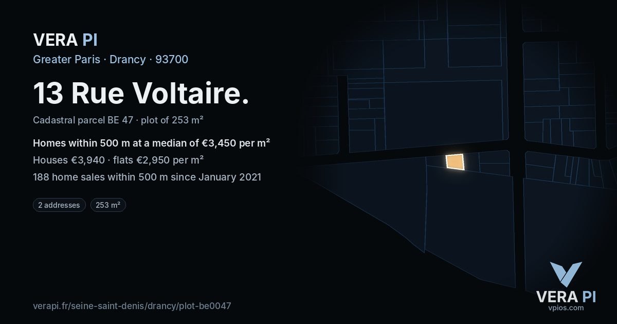 13 Rue Voltaire, Drancy at night – the plot lit, the parcels around coloured by the prices near them